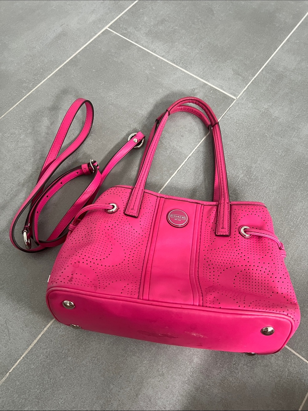 Coach Hot Pink Perforated Leather Shoulder Tote - Picture 4 of 6